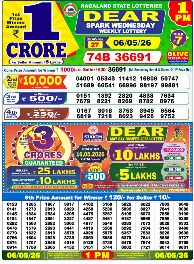 Lottery Sambad 1 pm Result 6.5.2026