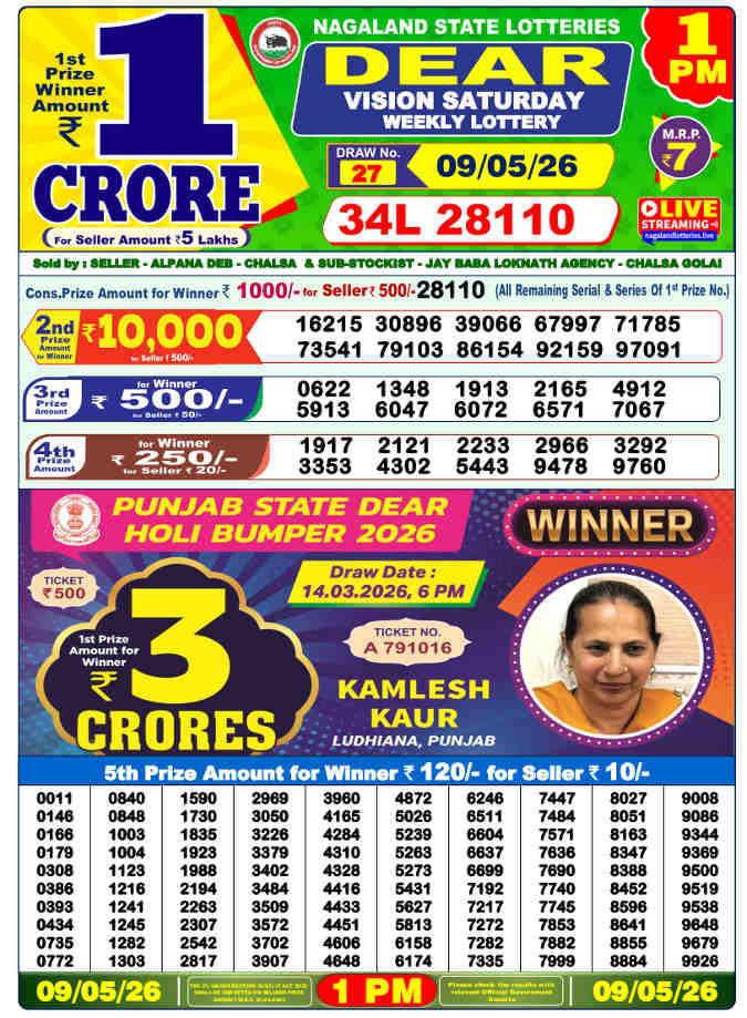 Lottery Sambad 1 pm Result 9.5.2026