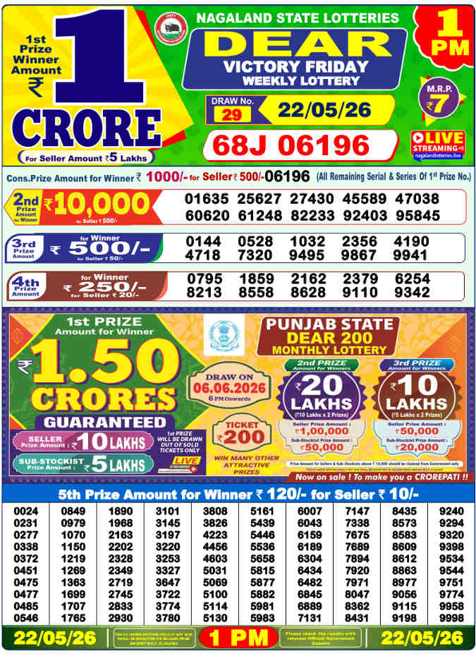 Lottery Sambad 1 pm Result 22.5.2026