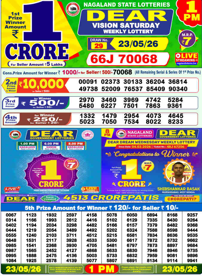 Lottery Sambad 1 pm Result 23.5.2026