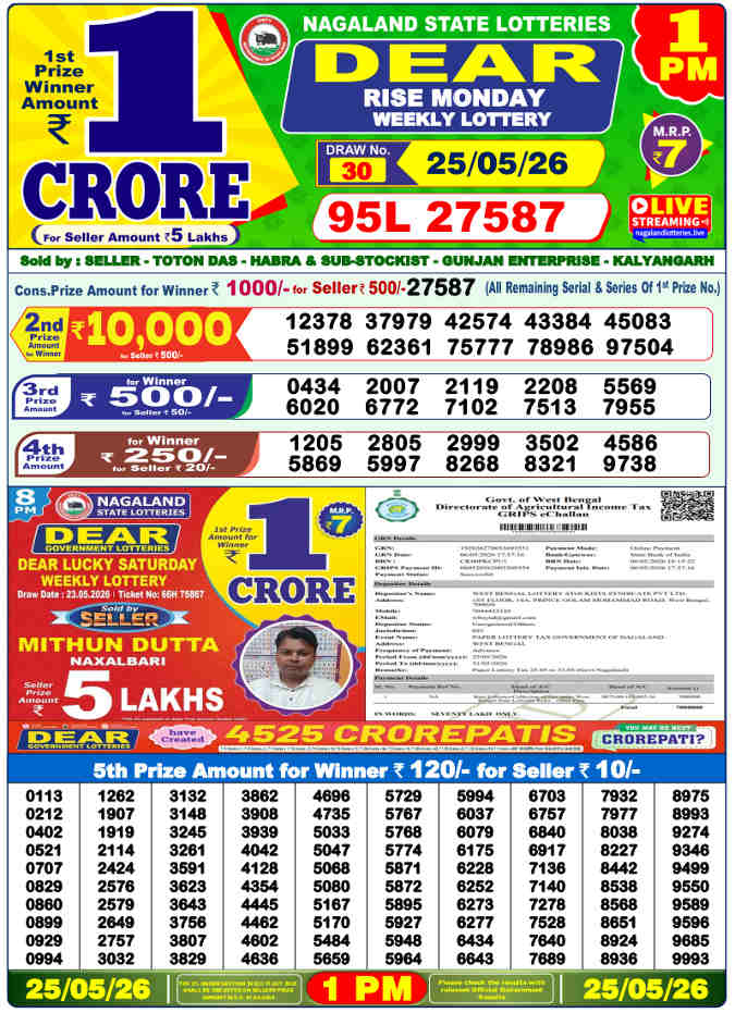 Lottery Sambad 1pm Result 25.5.2026