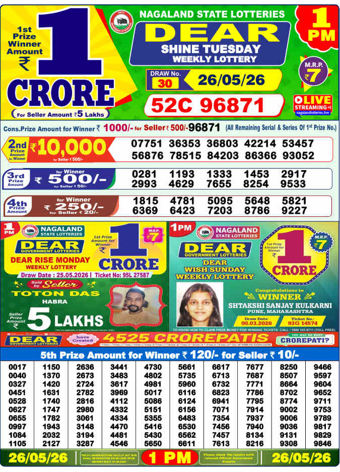 Lottery Sambad 1pm Result 26.5.2026
