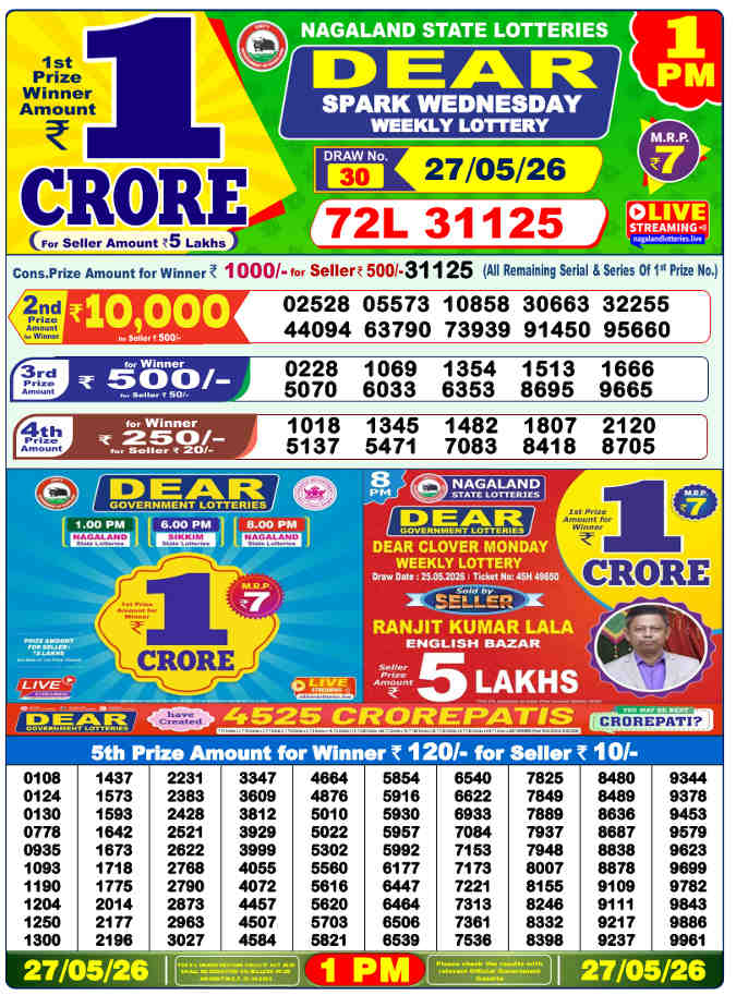 Lottery Sambad 1 pm Result 27.5.2026
