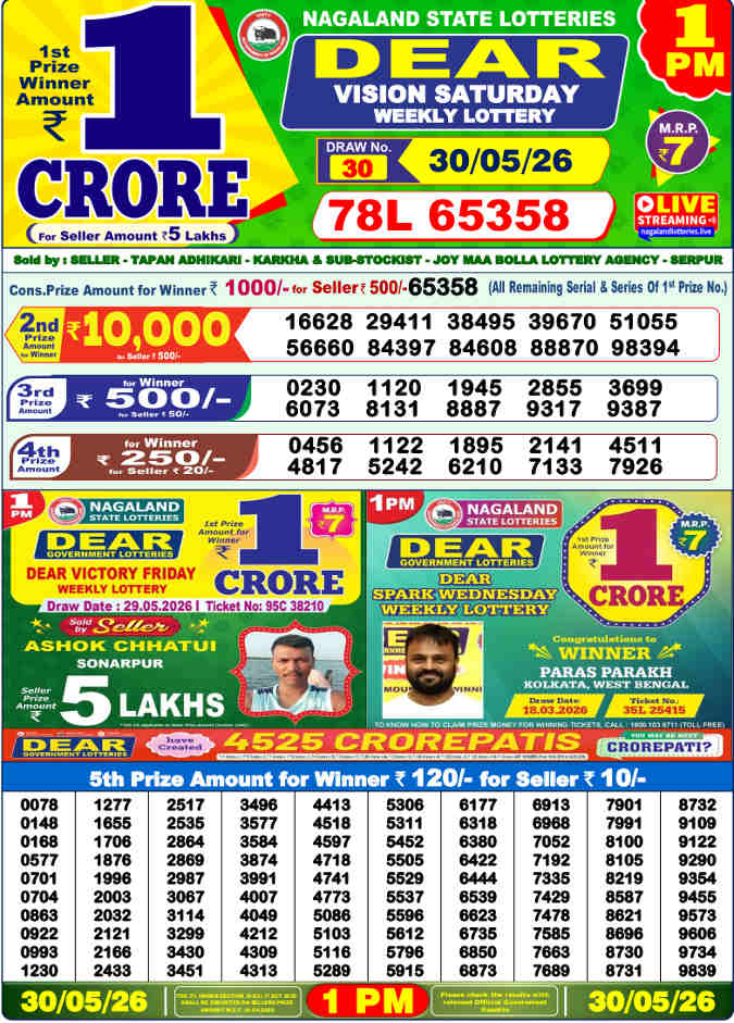 Lottery Sambad 1 pm Result 30.5.2026