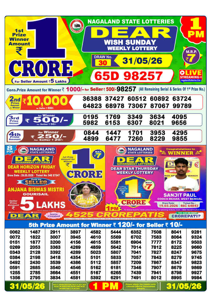 Lottery Sambad 1 pm Result 31.5.2026