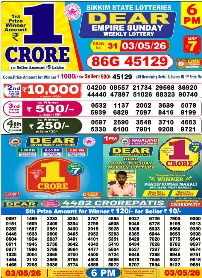 Lottery Sambad 6 pm Result 3.5.2026