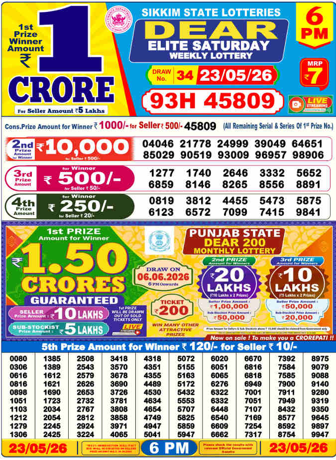 Lottery Sambad 6 pm Result 23.5.2026