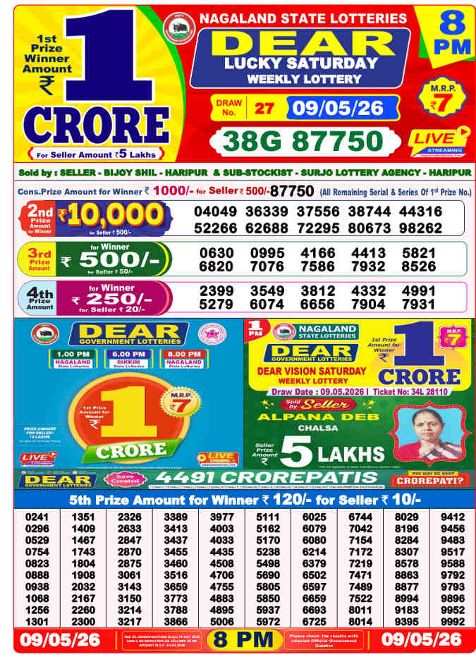 Lottery Sambad 8 pm Result 9.5.2026