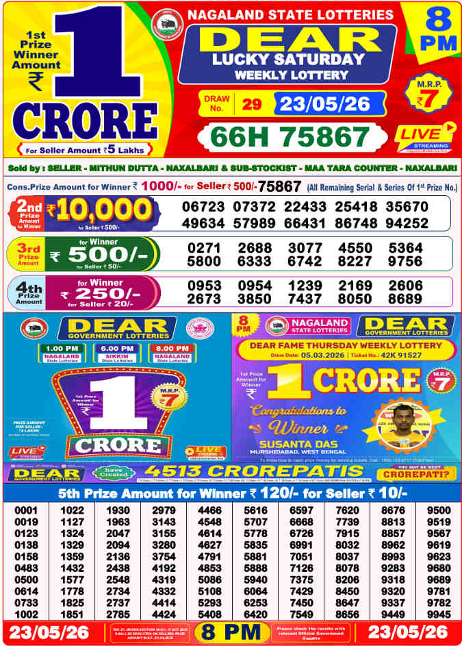Lottery Sambad 8 pm Result 23.5.2026