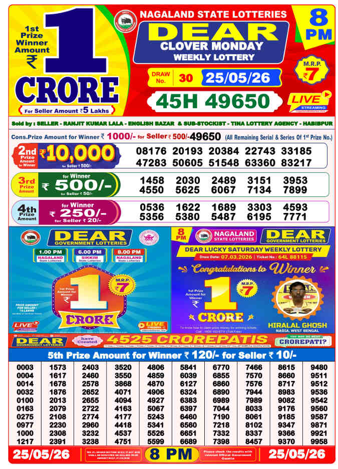 Lottery Sambad 8pm Result 25.5.2026