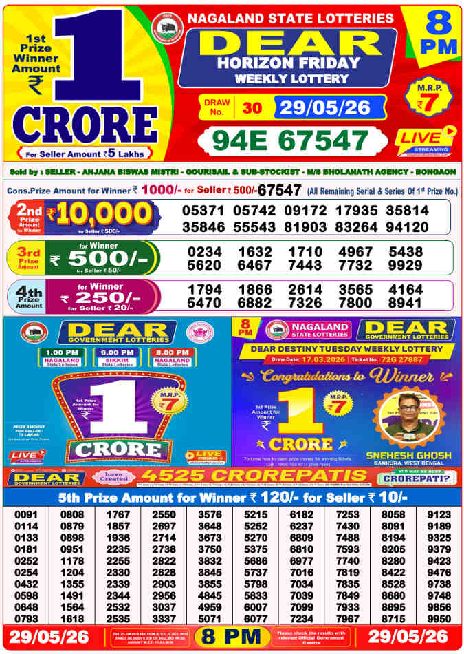 Lottery Sambad 8 pm Result 29.5.2026