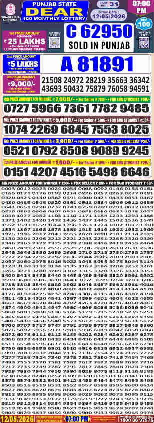 Punjab Dear 100 Monthly Lottery Result 12.5.2026 