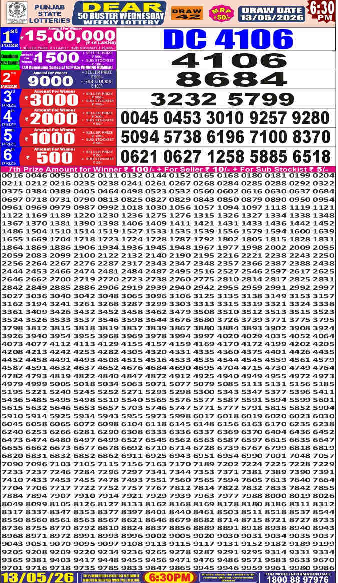 Punjab Dear 50 Wednesday Result 13.05.2026