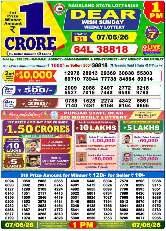 Lottery Sambad 1 pm Result 7-6-2026