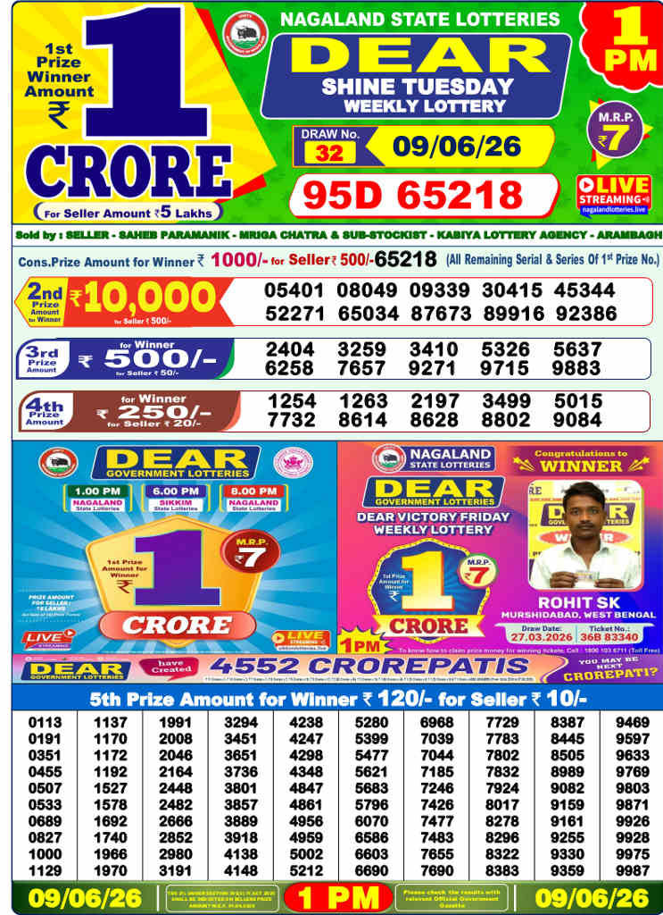 Lottery Sambad 1 pm Result 9-6-2026