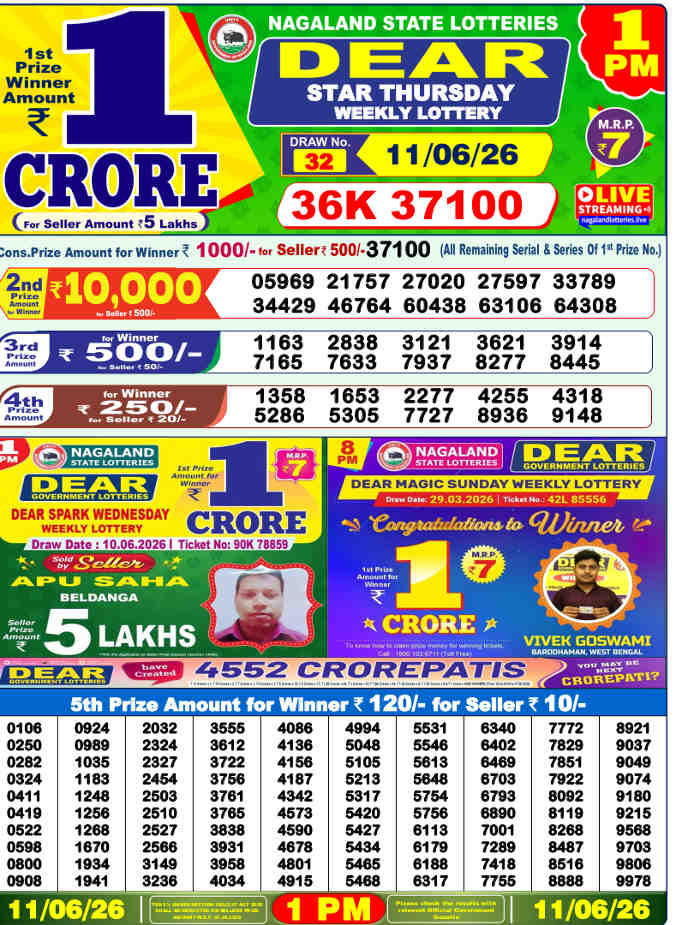 Lottery Sambad 1 pm Result 11-6-2026