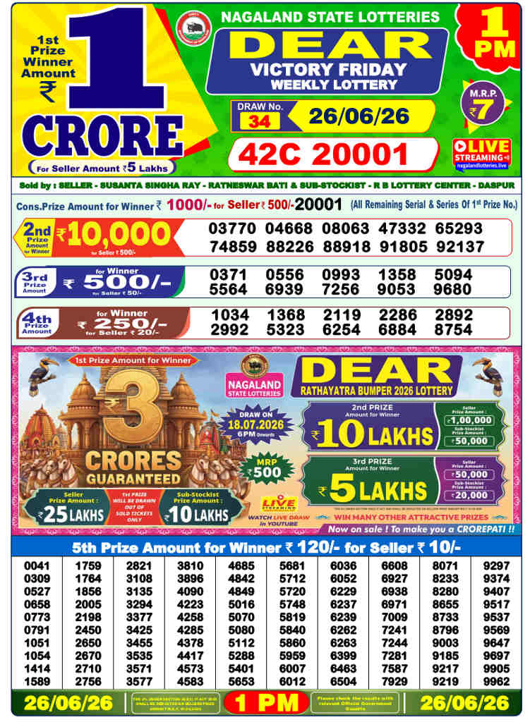 Lottery Sambad 1 PM result 26.06.2026