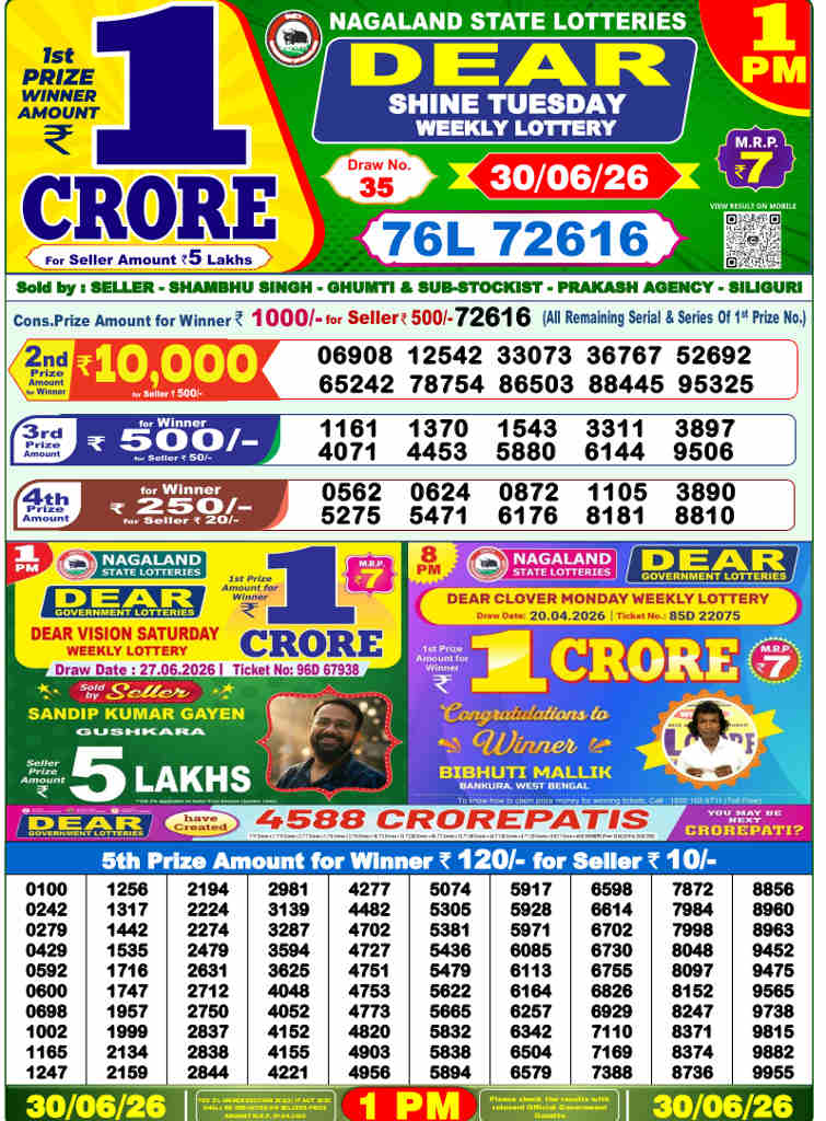 Lottery Sambad 1 PM result 30.06.2026