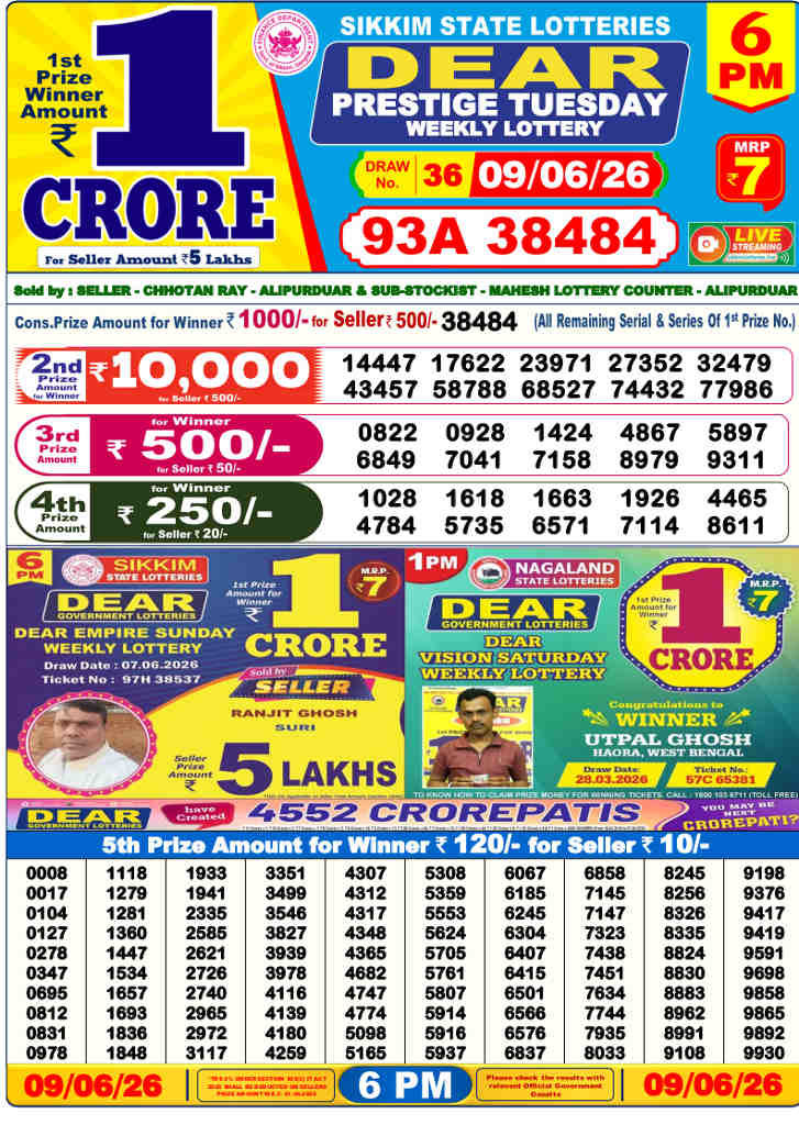 Lottery Sambad 6 pm Result 9-6-2026