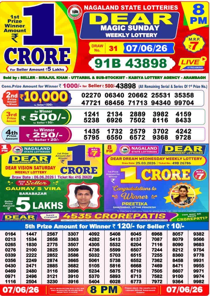 Lottery Sambad 8 pm Result 7-6-2026