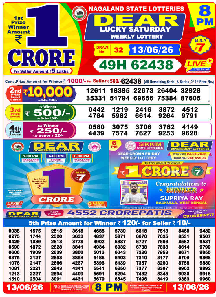 Sambad 8 PM result 13.06.2026