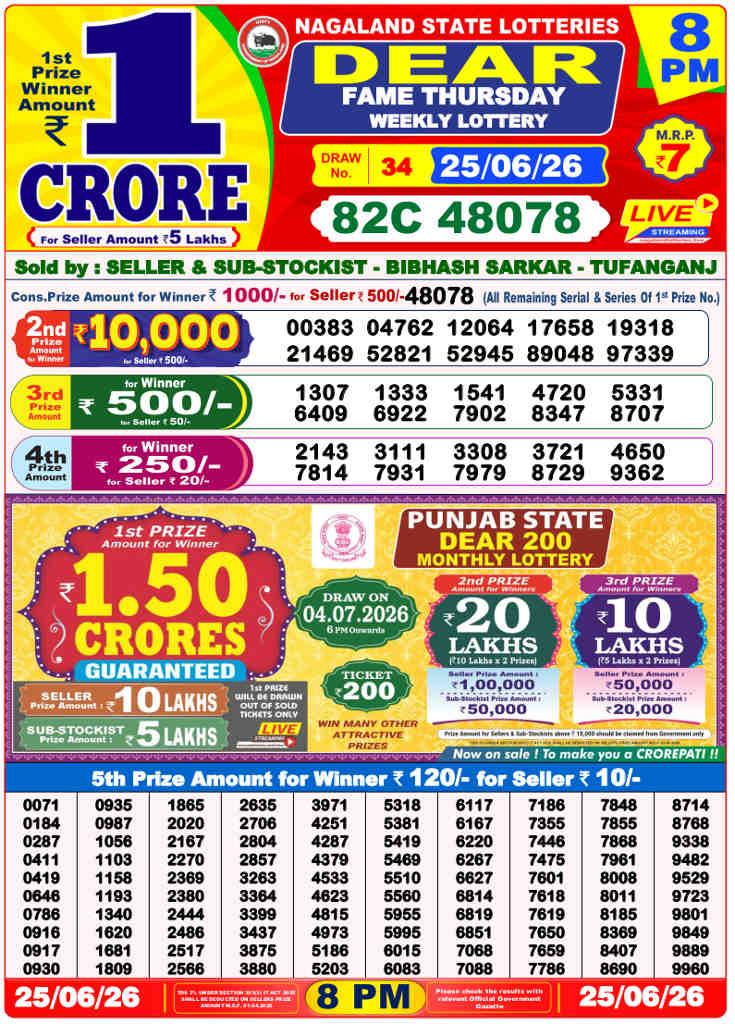 Lottery Sambad 8 PM result 25.06.2026
