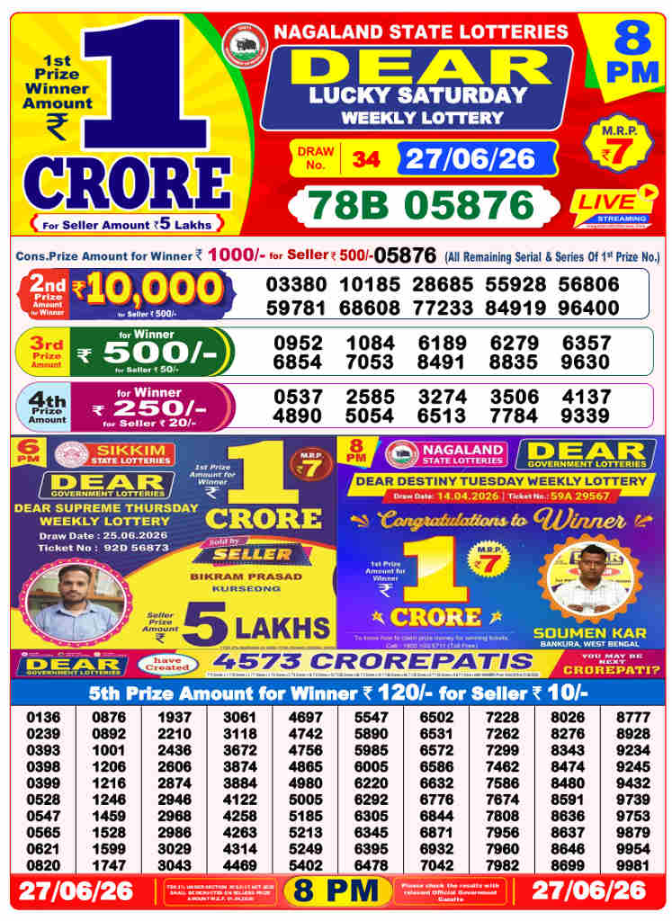 Lottery Sambad 8 PM result 27.06.2026