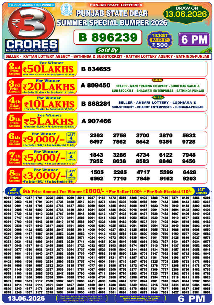 Punjab State Dear Summer  Bumper 2026 Result