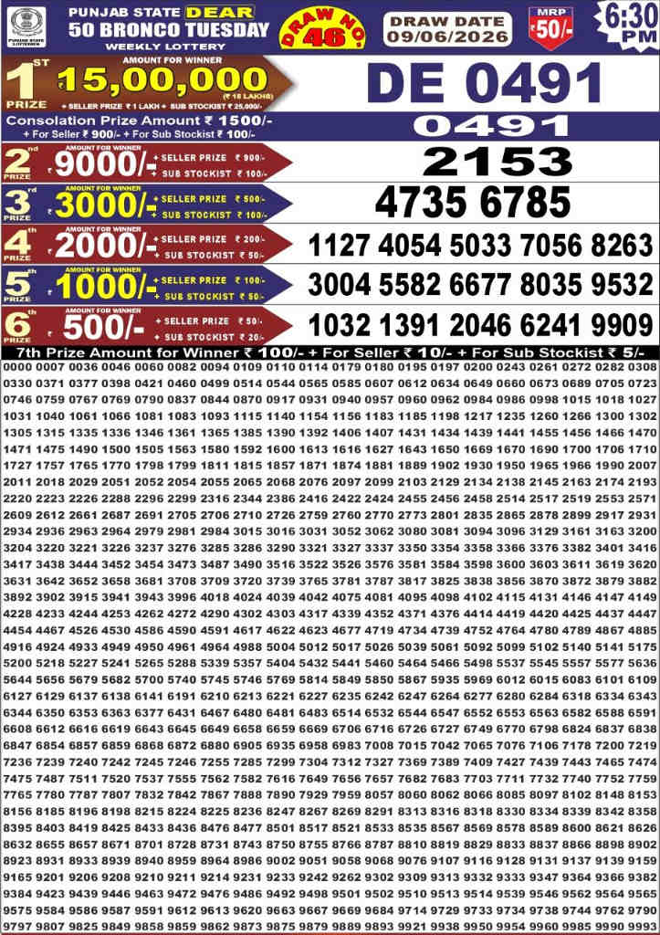 Punjab Dear 50 Tuesday Result 9.6.2026