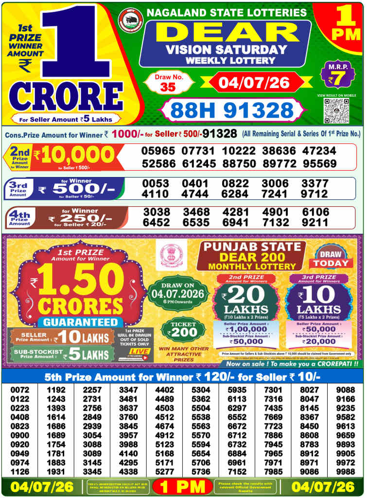 Lottery Sambad 1 PM result 04.07.2026
