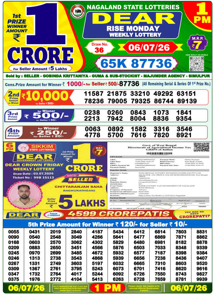 Lottery Sambad 1 PM result 06.07.2026
