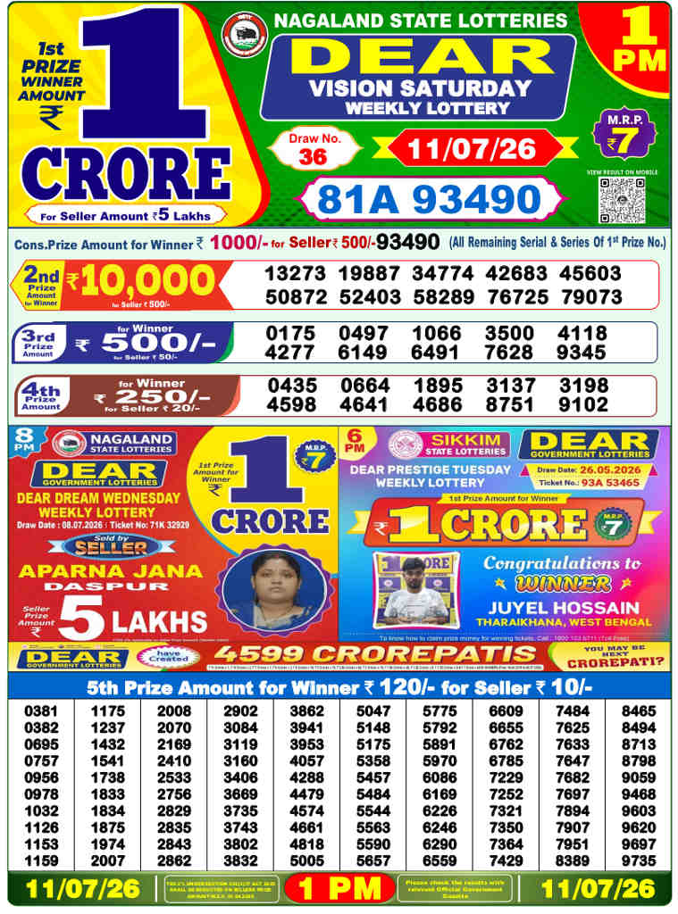 Lottery Sambad 1 PM result 11.07.2026