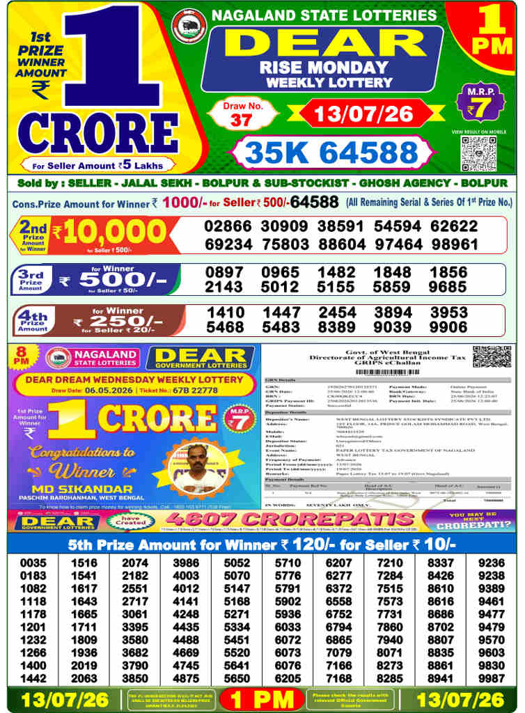 Lottery Sambad 1 PM Result 13.7.2026