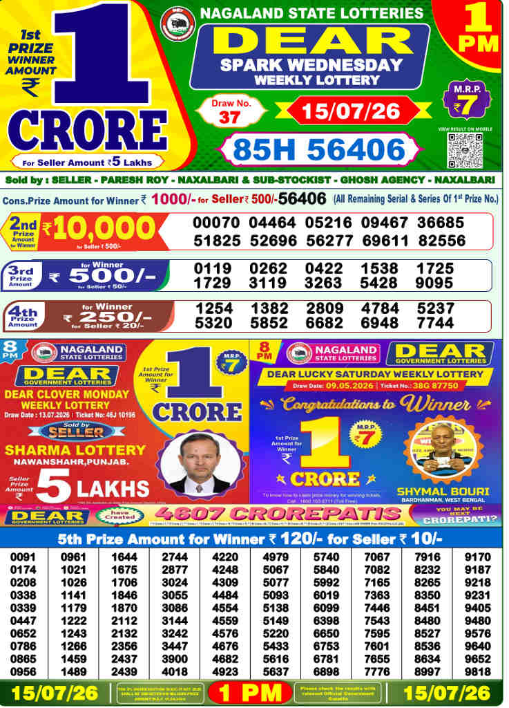 Lottery Sambad 1 PM Result 15.7.2026