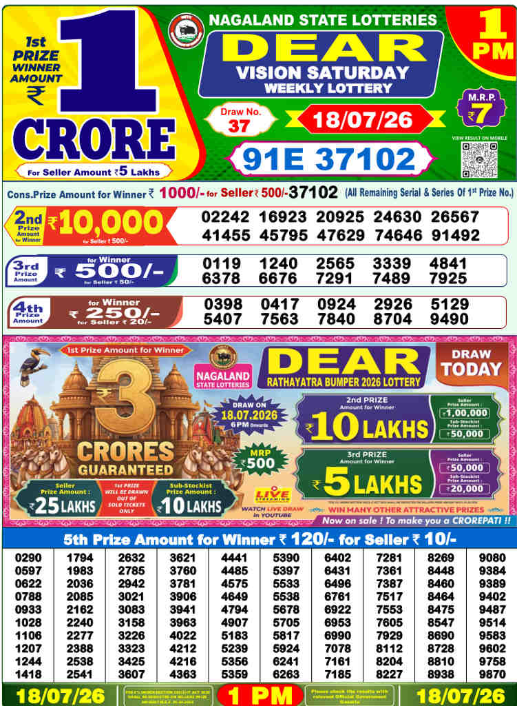 Lottery Sambad 1 PM Result 18.7.2026