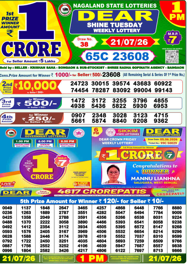 Lottery Sambad 1 PM Result 21.7.2026