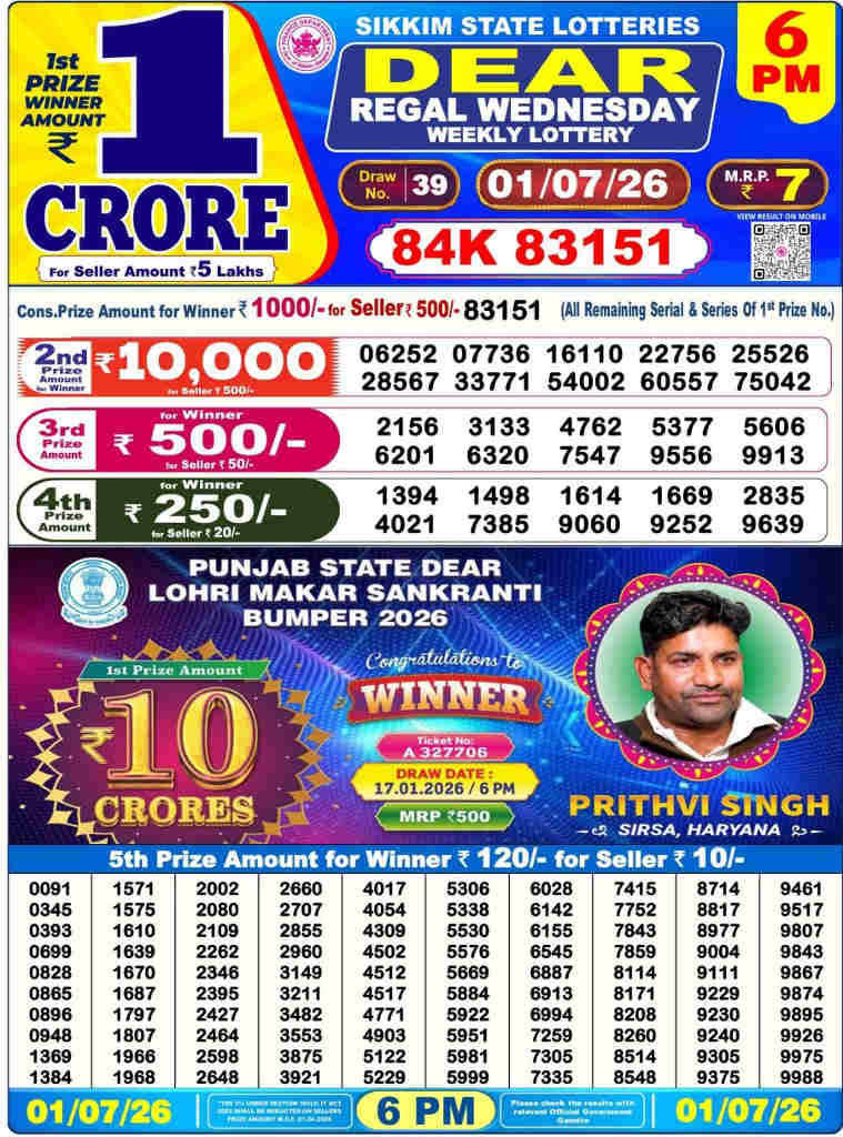 Lottery Sambad 6 PM result 01.07.2026