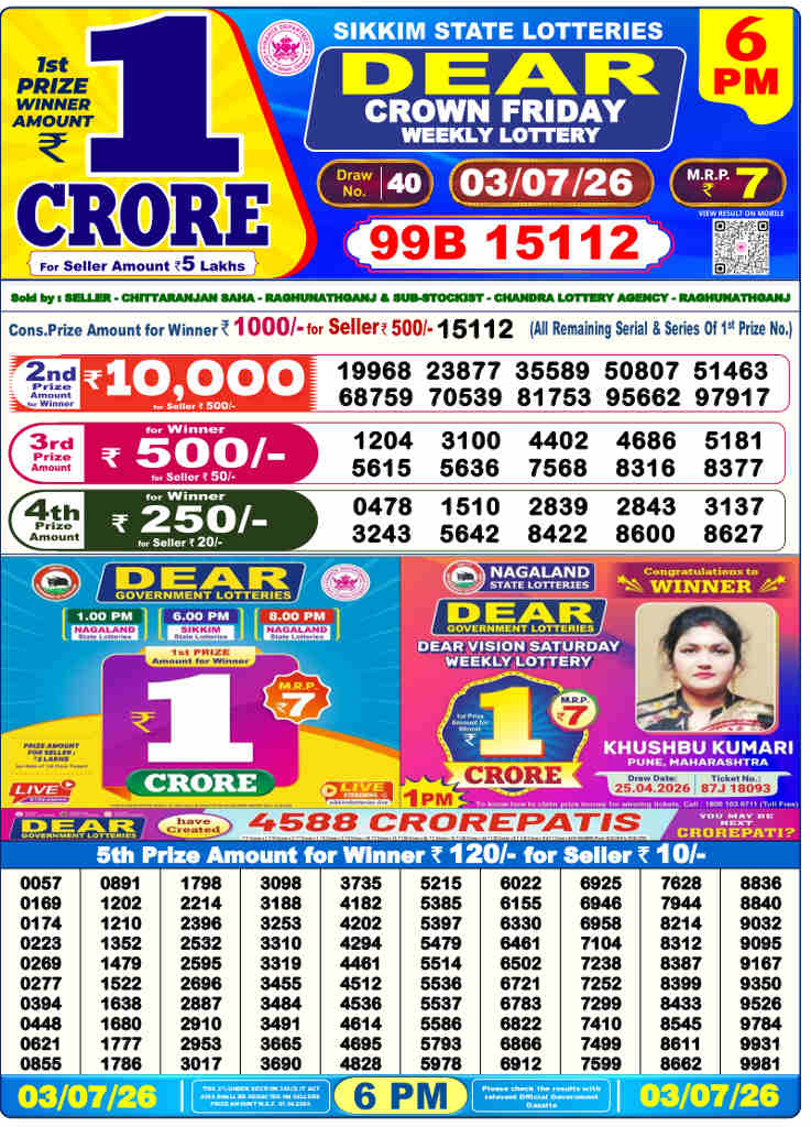 Lottery Sambad 6 PM result 03.07.2026