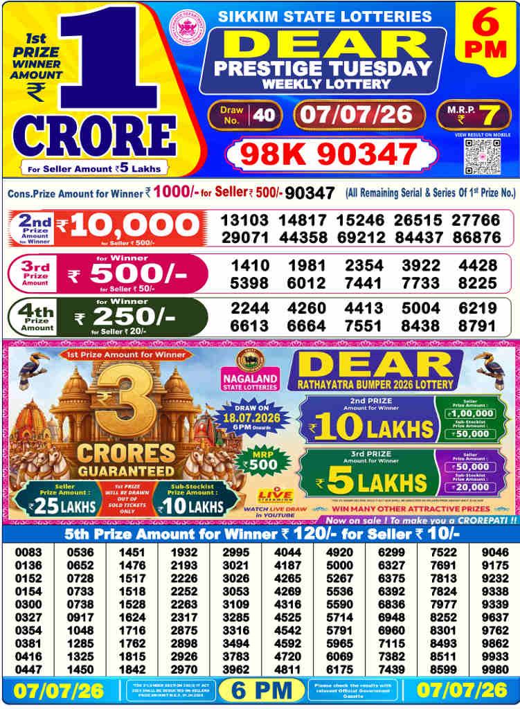 Lottery Sambad 6 PM result 07.07.2026