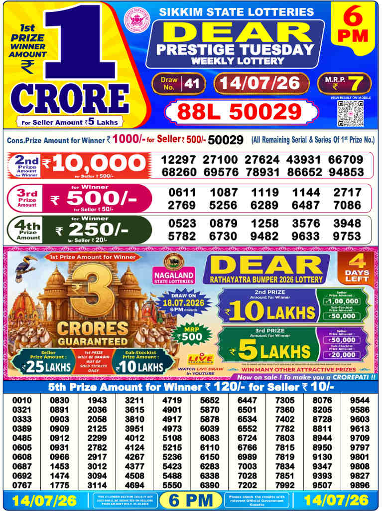 Lottery Sambad 6PM Result 14.7.2026