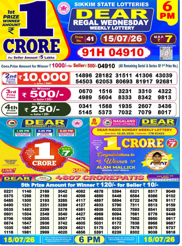 Lottery Sambad 6 PM Result 15.7.2026