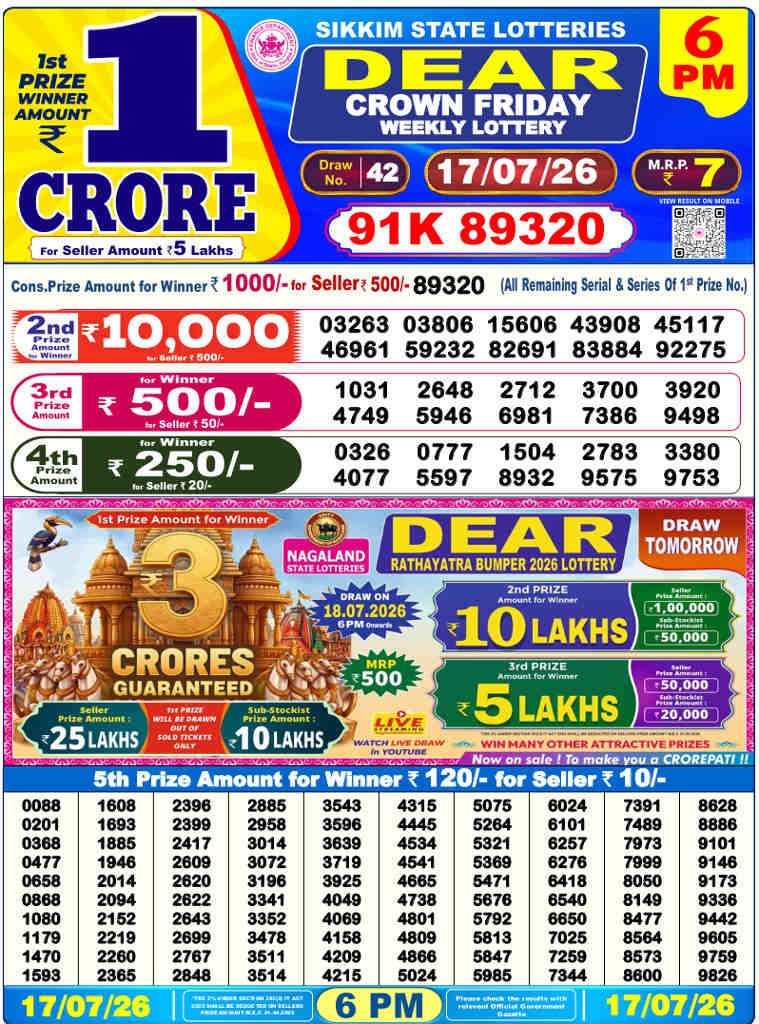 Lottery Sambad 6 PM Result 17.7.2026