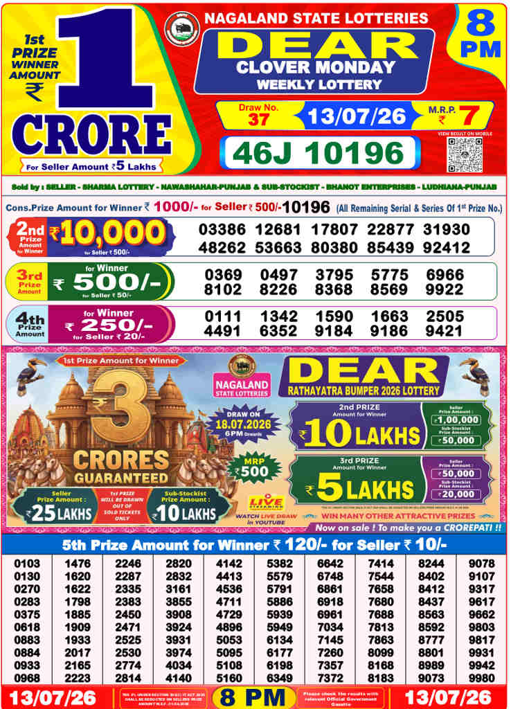 Lottery Sambad 8 PM Result 13.7.2026