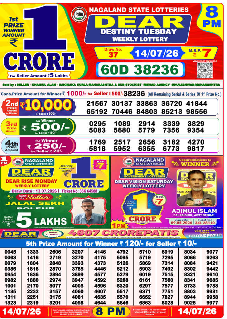 Lottery Sambad 8 PM Result 14.7.2026