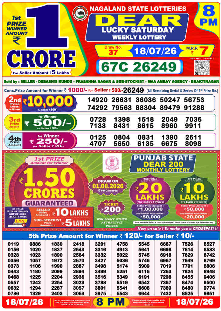 Lottery Sambad 8 PM Result 18.7.2026