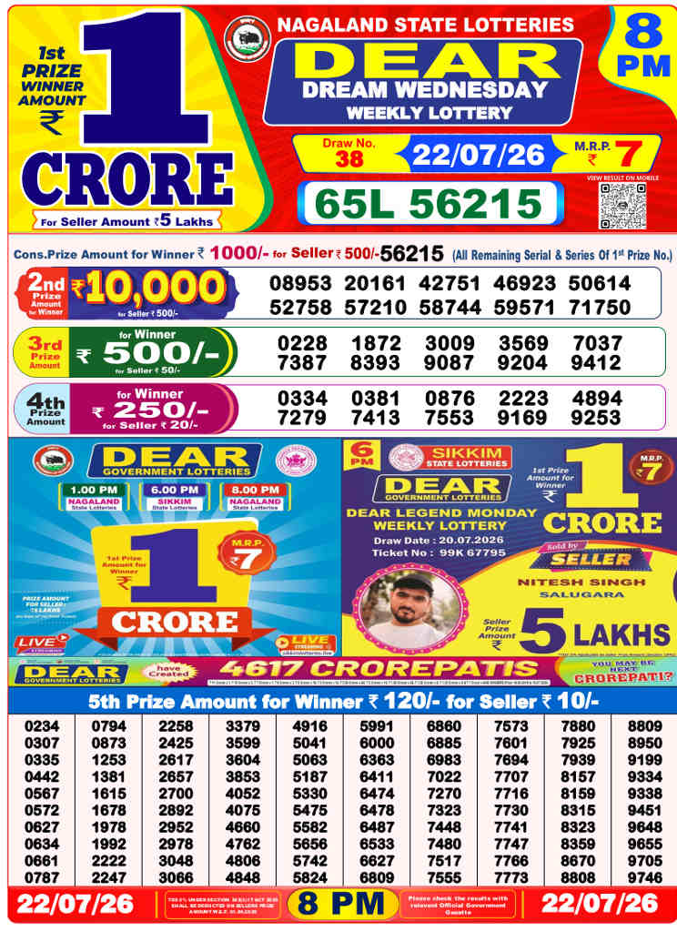 Lottery Sambad 8 PM Result 22.7.2026