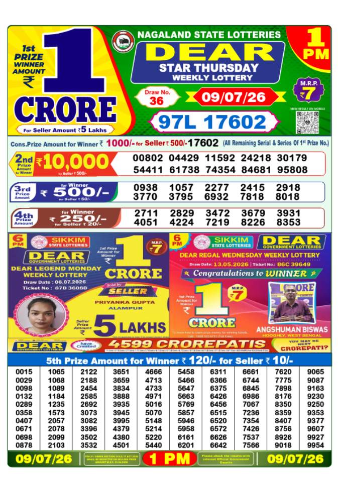 Lottery Sambad 1 PM result 09.07.2026
