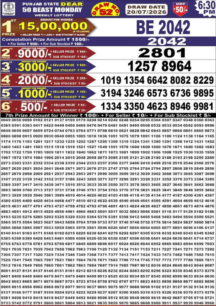 Punjab Dear 50 Monday Result 20.07.2026