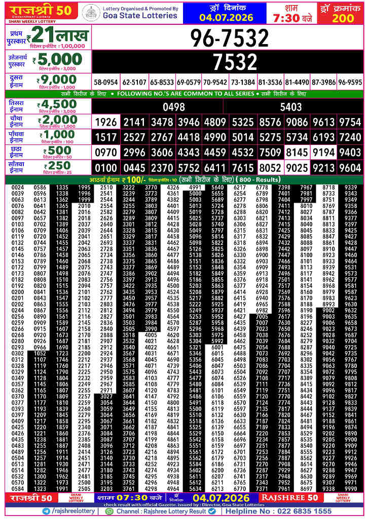 Rajshree 50 Shani Result 04.07.2026