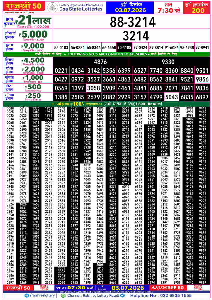 Rajshree 50 Shukra Result 03.07.2026
